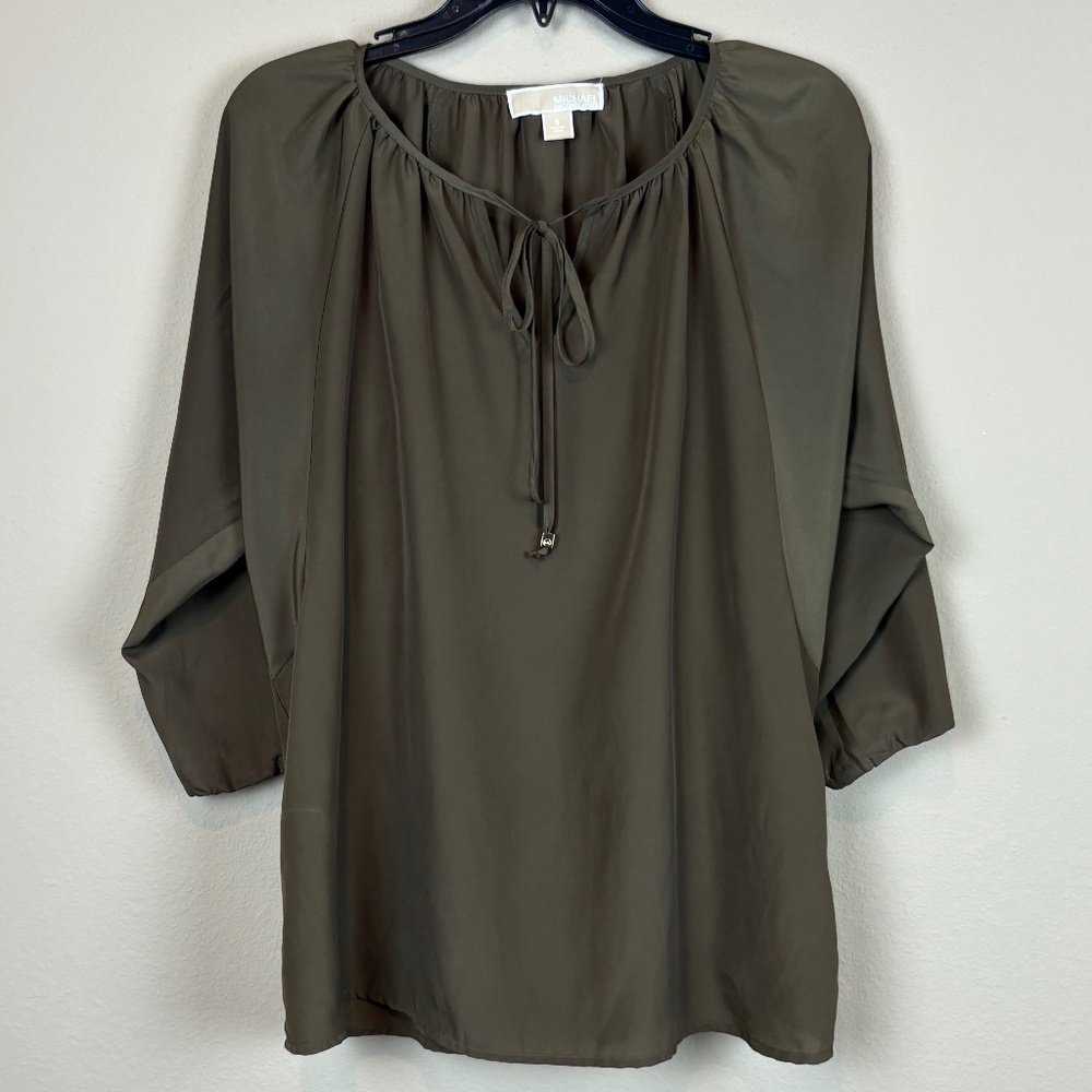 Michael Michael Kors Olive Green Peasant 3/4 Sleeve Pullover Blouse w/ Front Tie